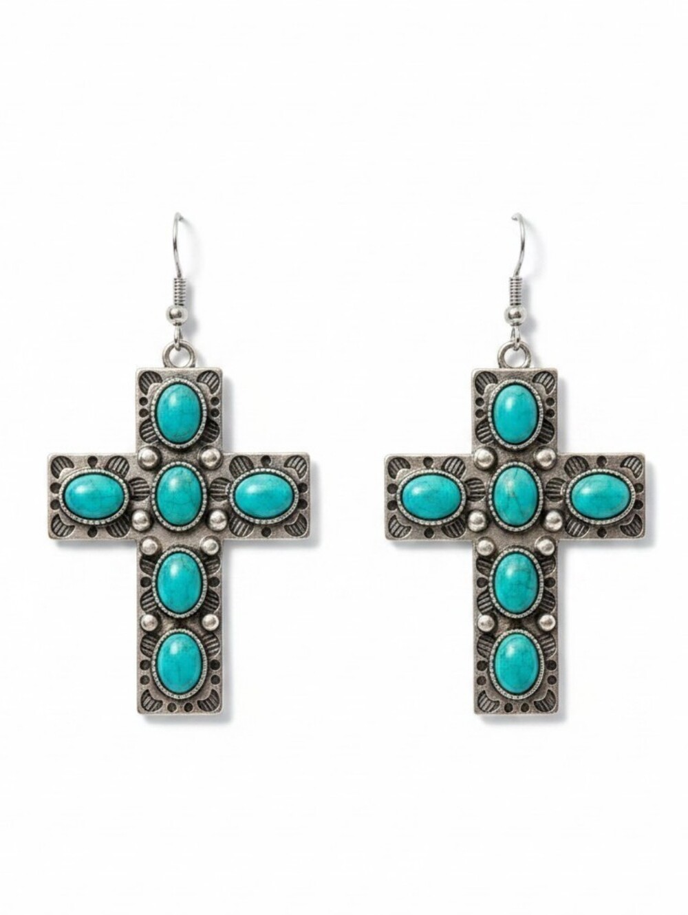 💙▪️Persimmon▪️ Reconstituted  Turquoise Cross Dangle Earrings - Silver Tone